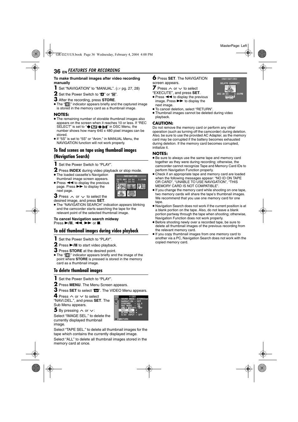 To add thumbnail images during video playback, To delete thumbnail images, Pg. 36) | Pg. 36, “to delete thumbnail images, Features for recording | JVC GR-D231  EN User Manual | Page 36 / 52