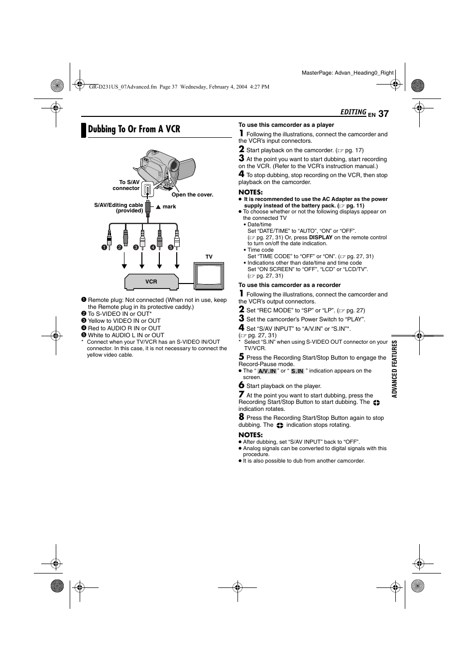 Editing, Dubbing to or from a vcr, Pg. 37 | Pg. 37) | JVC GR-D231  EN User Manual | Page 37 / 52
