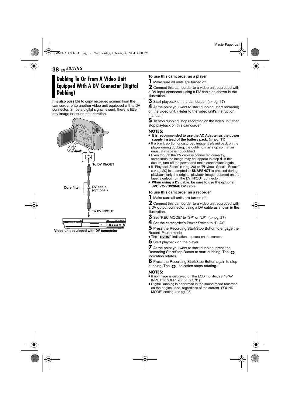 Dubbing to or from a video unit equipped with a dv, Connector (digital dubbing), Pg. 38 | JVC GR-D231  EN User Manual | Page 38 / 52