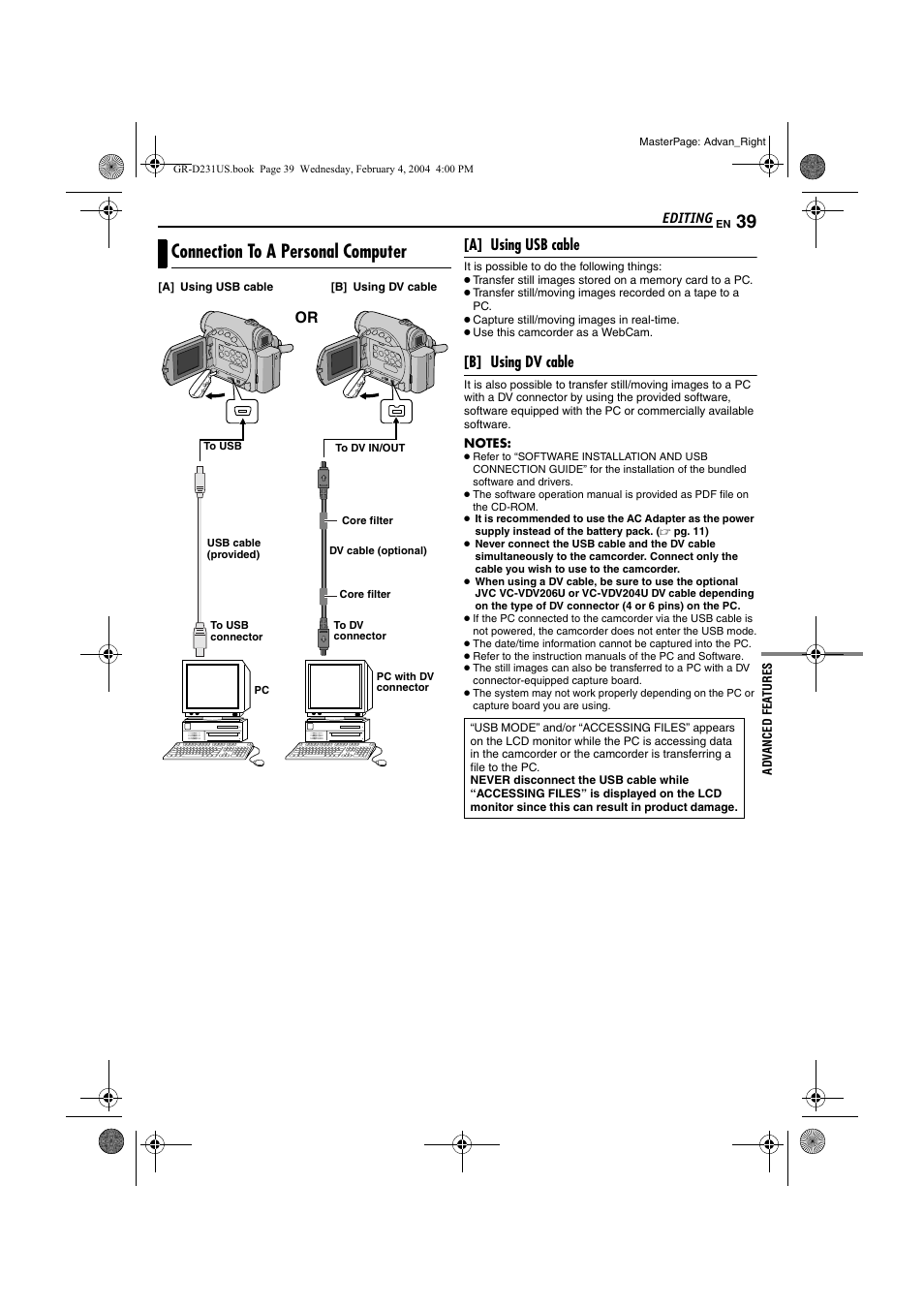Connection to a personal computer, Pg. 39) | JVC GR-D231  EN User Manual | Page 39 / 52