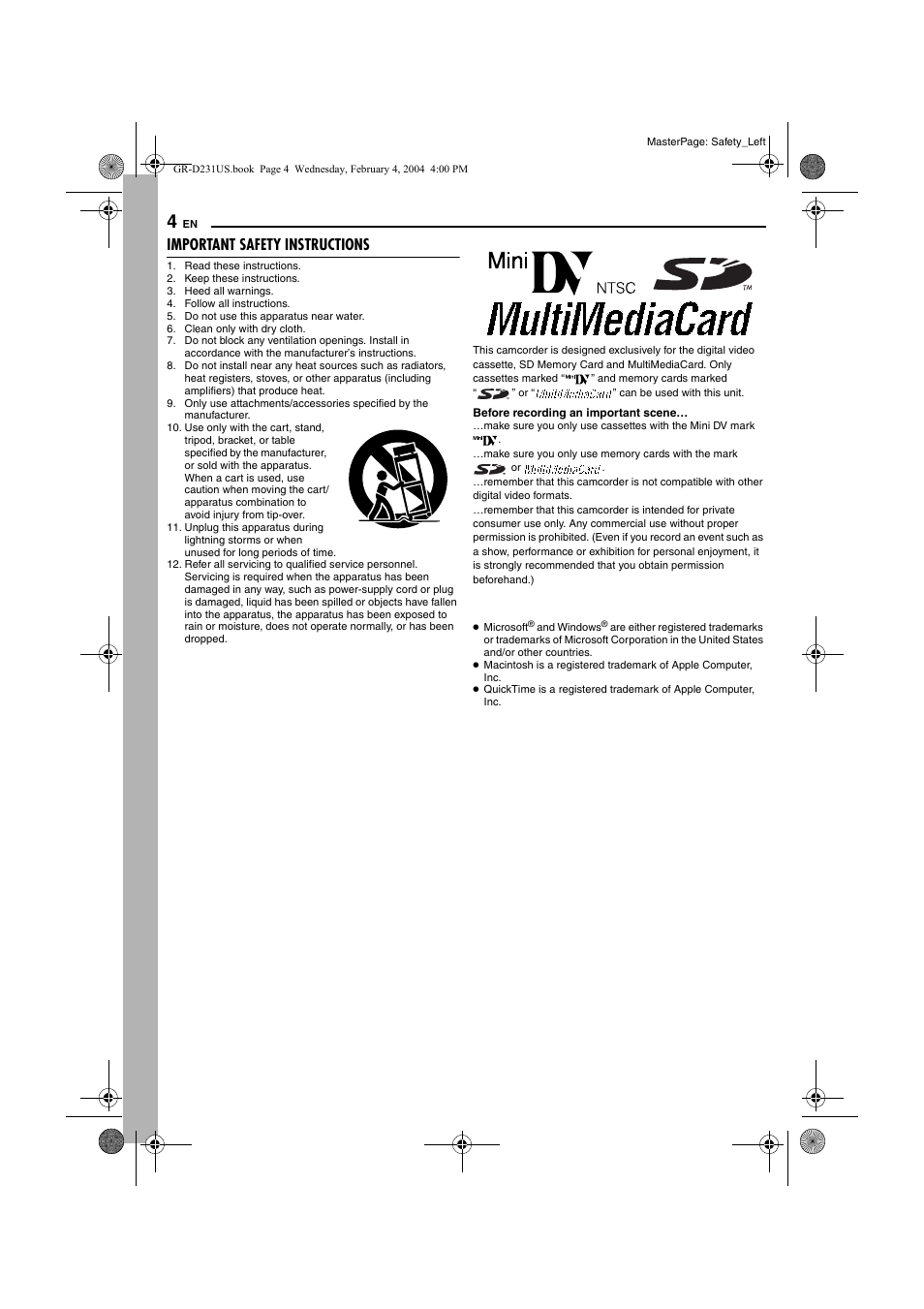 Important safety instructions | JVC GR-D231  EN User Manual | Page 4 / 52
