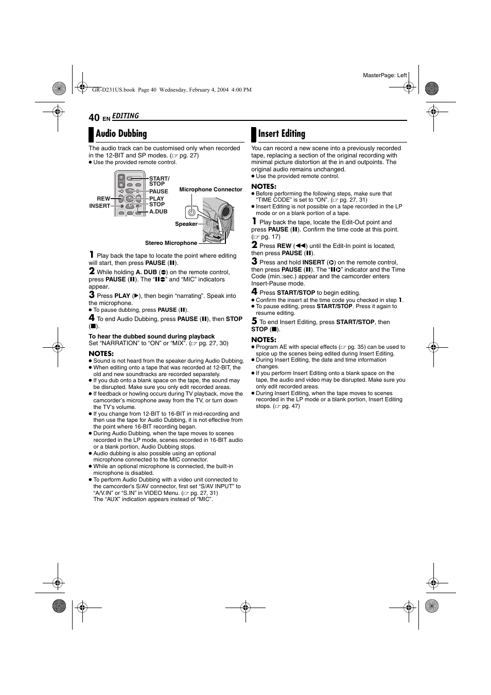 Audio dubbing, Insert editing, Pg. 40) | JVC GR-D231  EN User Manual | Page 40 / 52