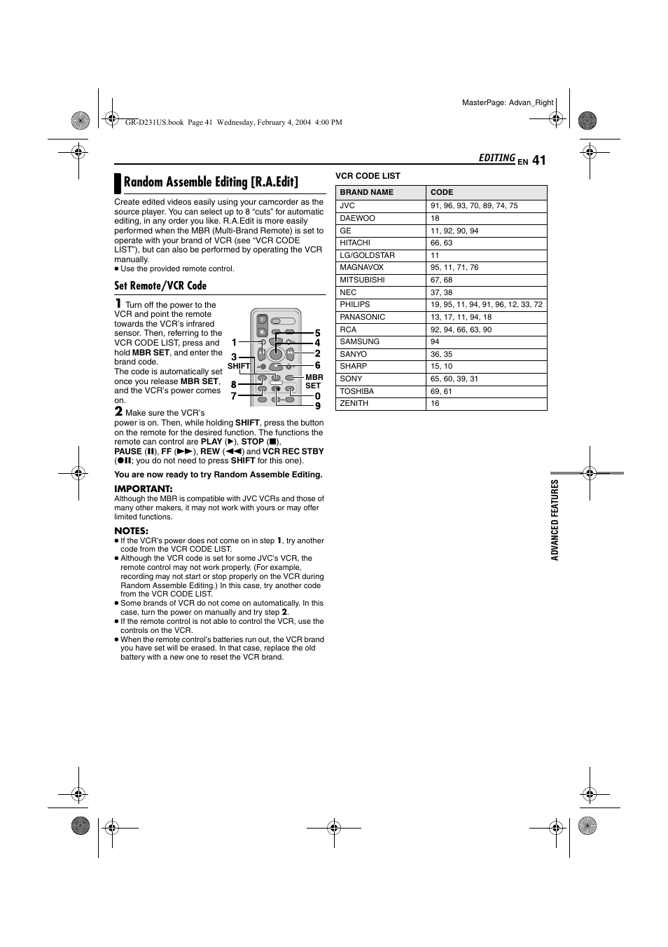 Random assemble editing [r.a.edit, Set remote/vcr code, Pg. 41 – 44 | Pg. 41, Pg. 41) | JVC GR-D231  EN User Manual | Page 41 / 52