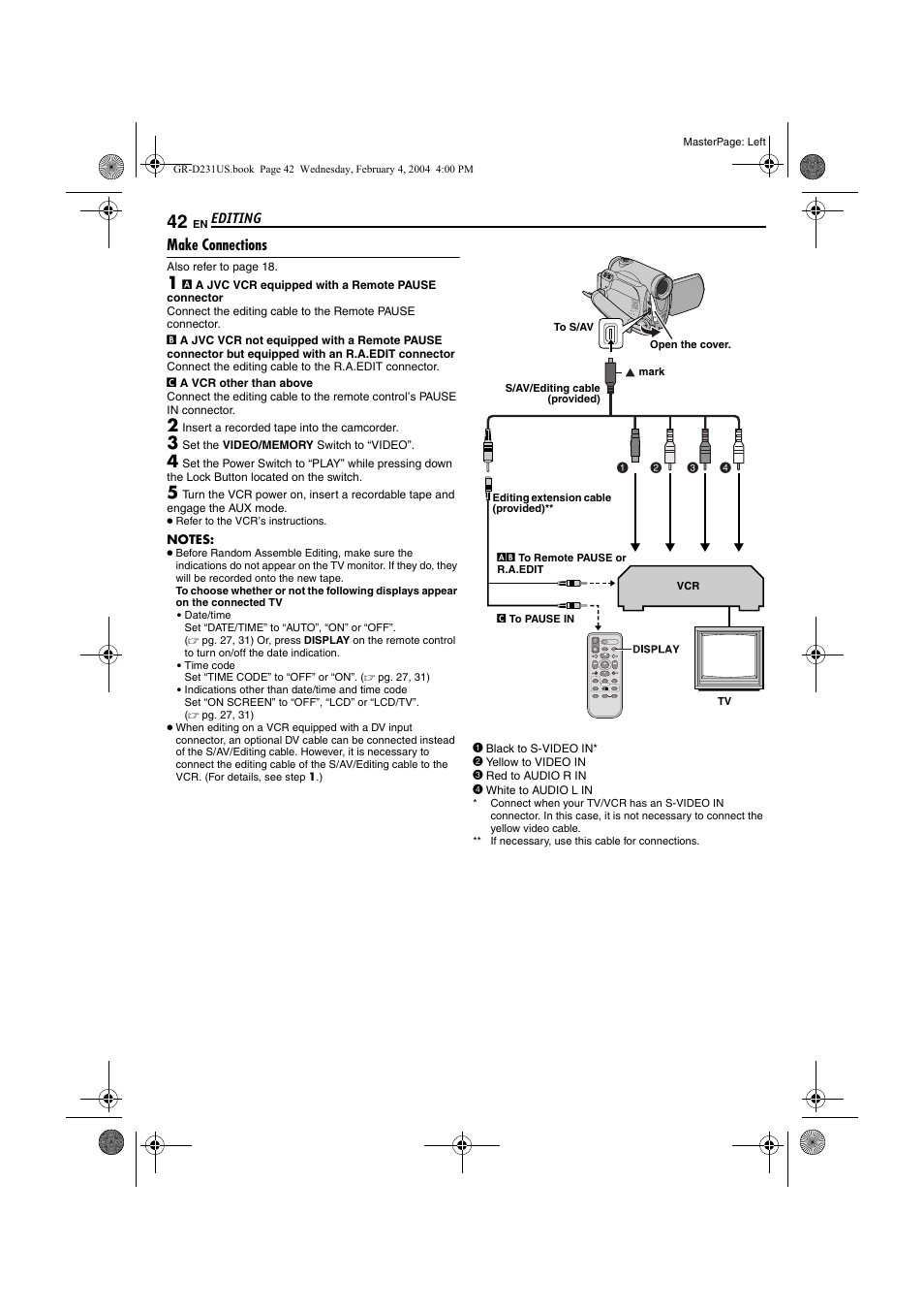 Make connections, R (੬ pg. 42) | JVC GR-D231  EN User Manual | Page 42 / 52