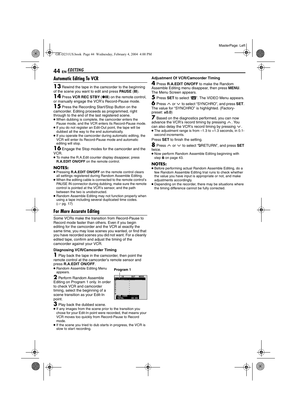Automatic editing to vcr, For more accurate editing, Pg. 44, “for more accurate editing | Editing | JVC GR-D231  EN User Manual | Page 44 / 52