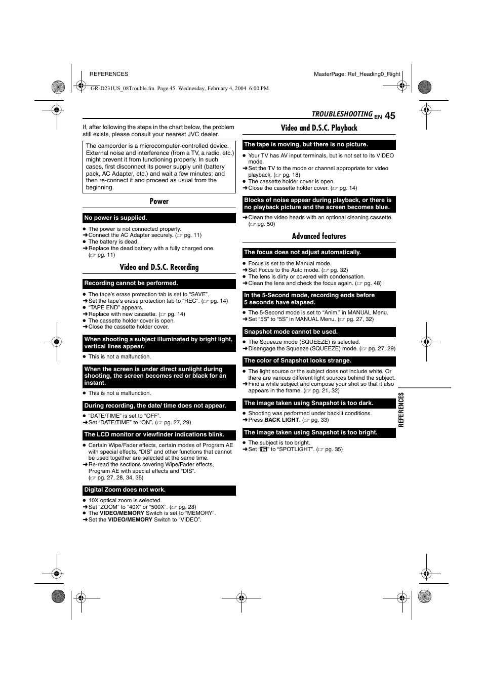 Troubleshooting, References 45 | JVC GR-D231  EN User Manual | Page 45 / 52