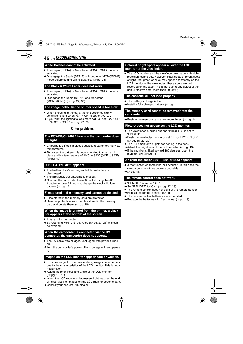 Pg. 46), Troubleshooting, Other problems | JVC GR-D231  EN User Manual | Page 46 / 52