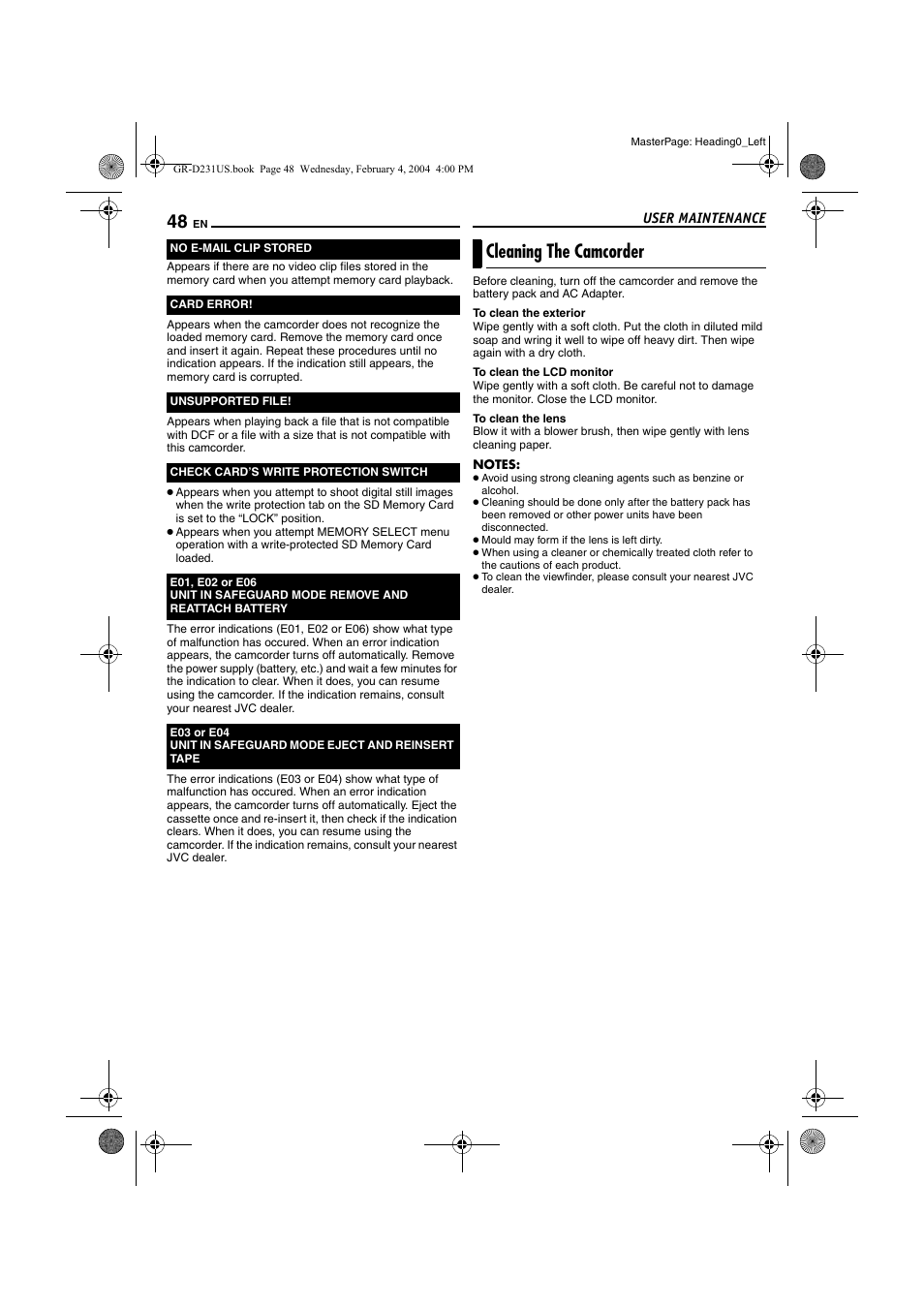 User maintenance, Cleaning the camcorder, 48) are | Pg. 48), Pg. 48 | JVC GR-D231  EN User Manual | Page 48 / 52