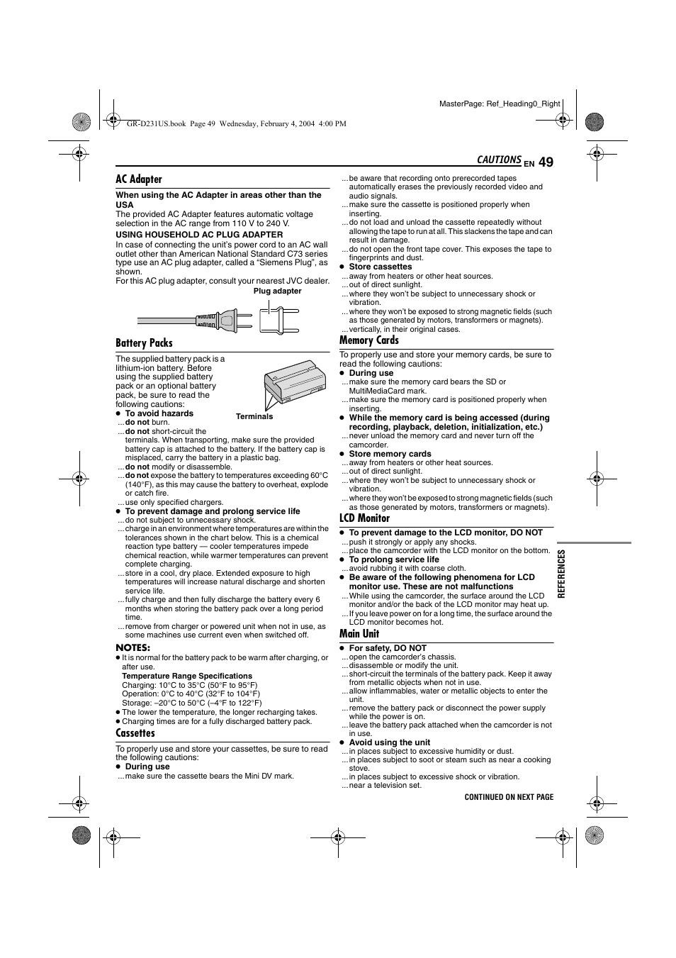 Cautions, Ac adapter, Battery packs | Cassettes, Memory cards, Lcd monitor, Main unit, Pg. 50), Pg. 49) | JVC GR-D231  EN User Manual | Page 49 / 52