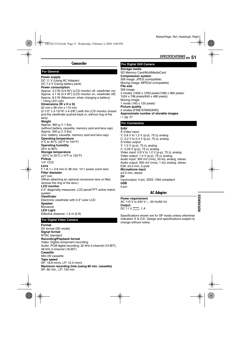 Specifications, Camcorder, Ac adapter | JVC GR-D231  EN User Manual | Page 51 / 52