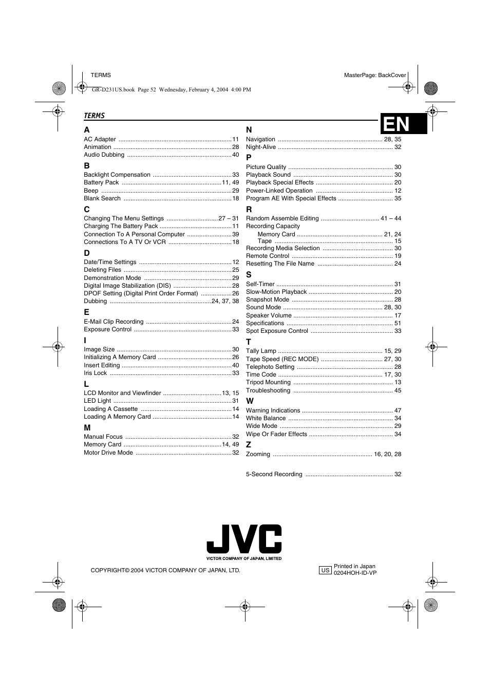 Terms | JVC GR-D231  EN User Manual | Page 52 / 52