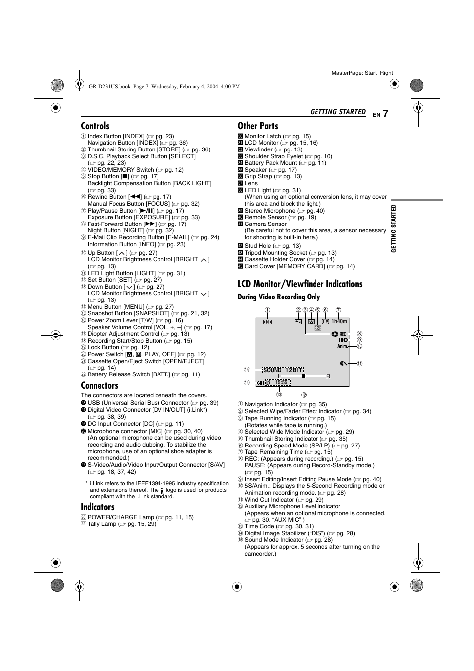 Controls, Connectors, Indicators | Other parts, Lcd monitor/viewfinder indications, During video recording only | JVC GR-D231  EN User Manual | Page 7 / 52