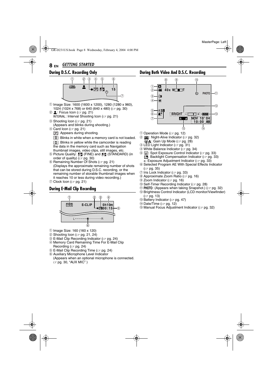 During d.s.c. recording only, During e-mail clip recording, During both video and d.s.c. recording | JVC GR-D231  EN User Manual | Page 8 / 52