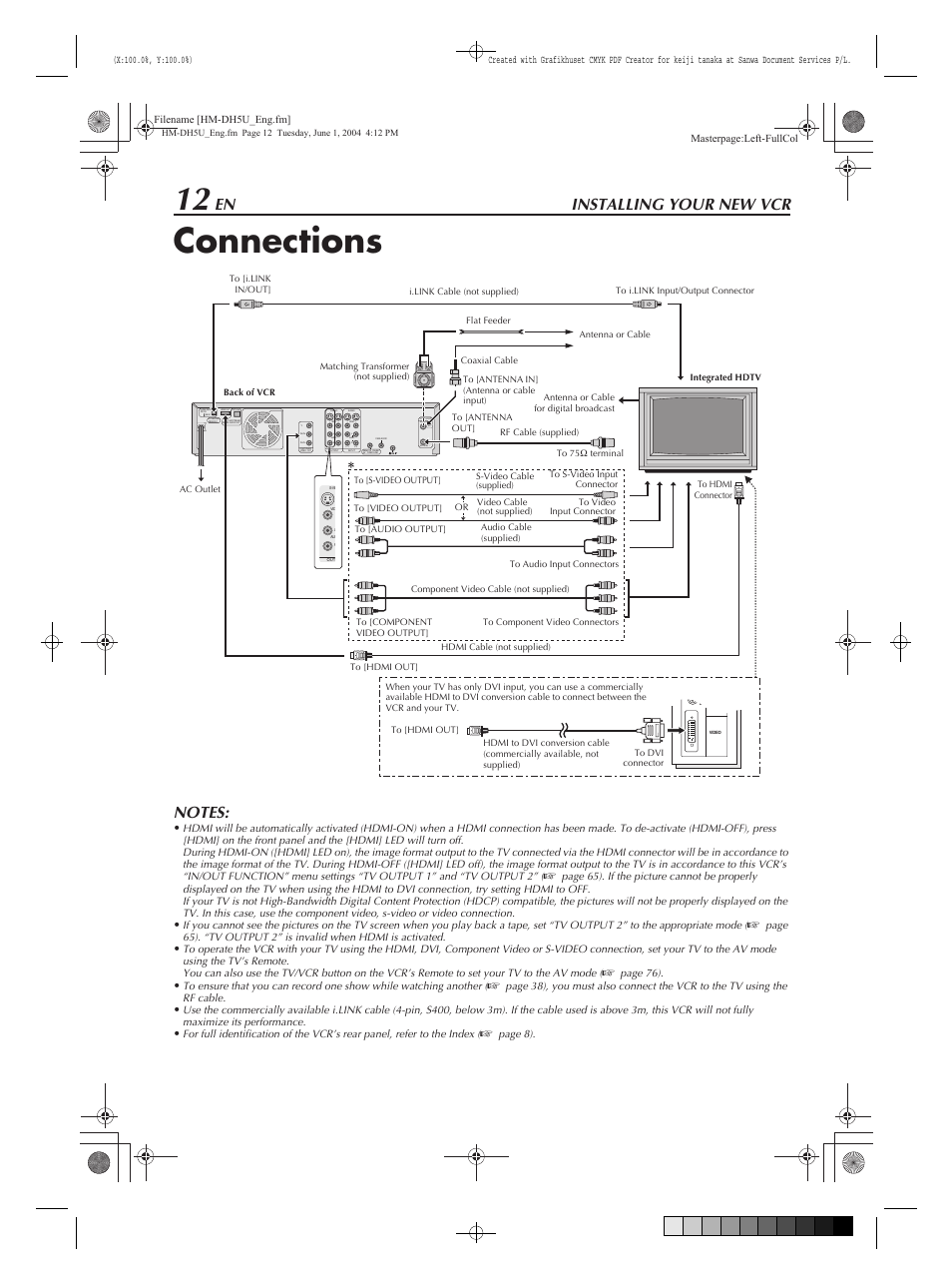 Installing your new vcr, Connections | JVC HM-DH5U User Manual | Page 12 / 92