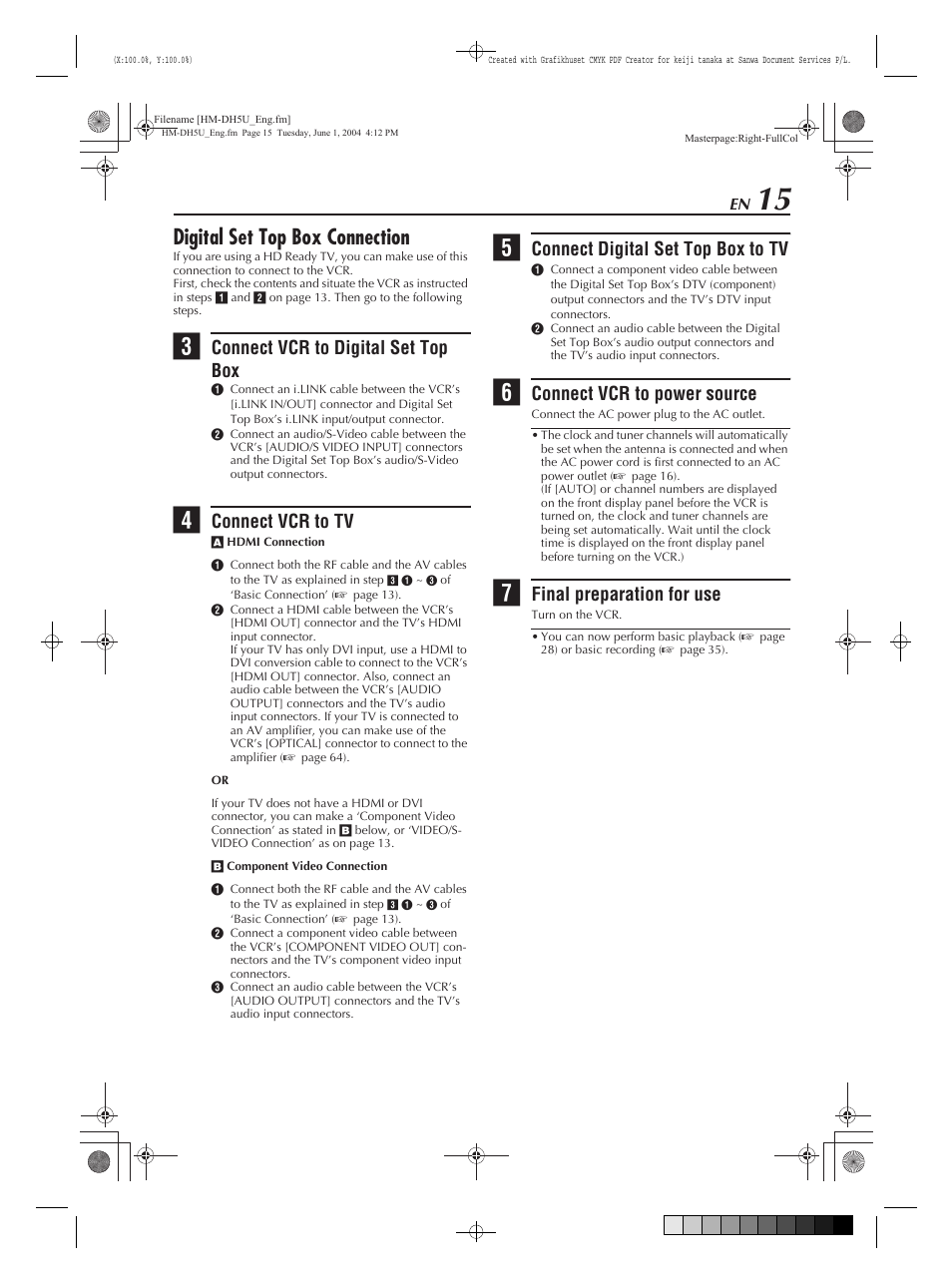 Digital set top box connection, Connect vcr to digital set top box, Connect vcr to tv | Connect digital set top box to tv, Connect vcr to power source, Final preparation for use | JVC HM-DH5U User Manual | Page 15 / 92