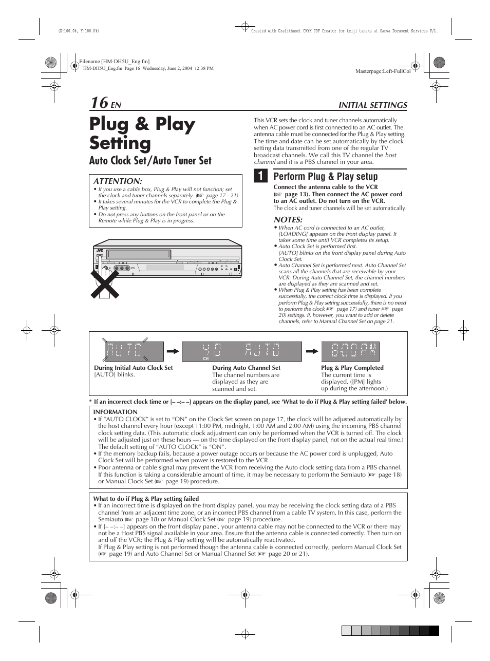 Initial settings, Plug & play setting, Auto clock set/auto tuner set | Perform plug & play setup | JVC HM-DH5U User Manual | Page 16 / 92