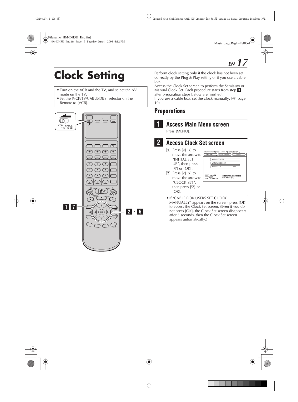 Clock setting, Preparations, Access main menu screen | Access clock set screen, B - f a g | JVC HM-DH5U User Manual | Page 17 / 92