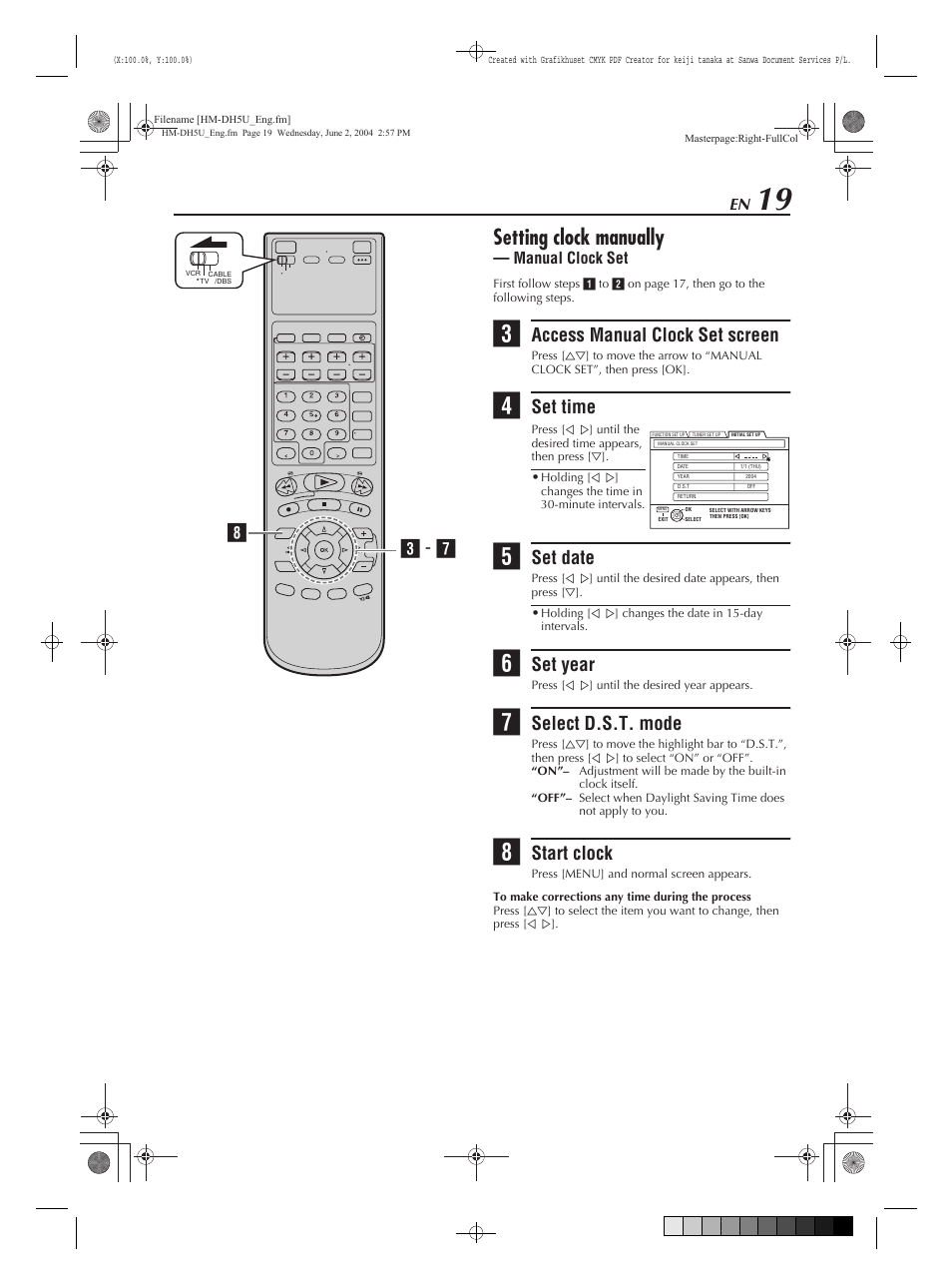 Setting clock manually — manual clock set, Setting clock manually, Access manual clock set screen | Set time, Set date, Set year, Select d.s.t. mode, Start clock, Hc - g, Manual clock set | JVC HM-DH5U User Manual | Page 19 / 92