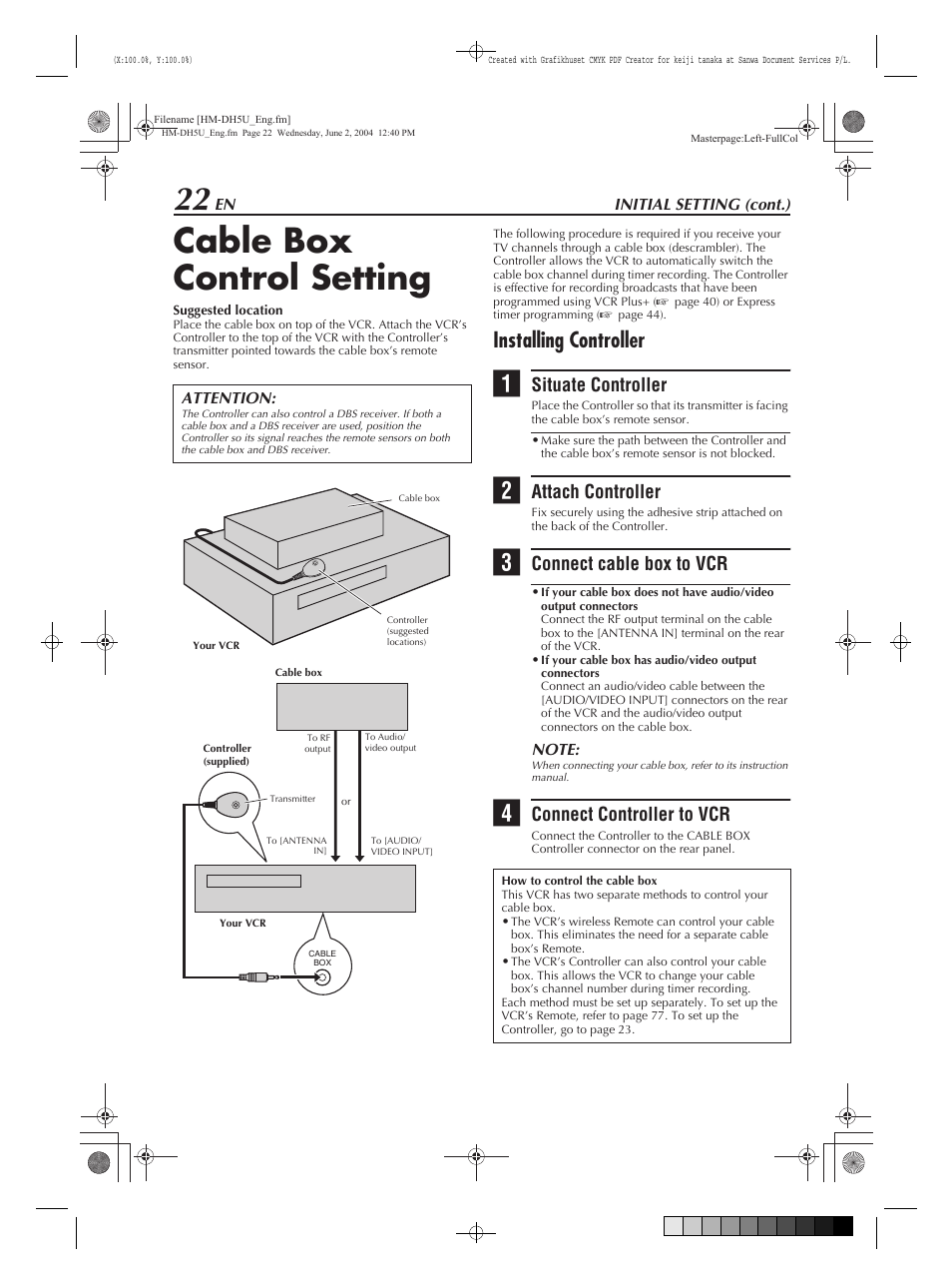 Cable box control setting, Installing controller, Situate controller | Attach controller, Connect cable box to vcr, Connect controller to vcr | JVC HM-DH5U User Manual | Page 22 / 92