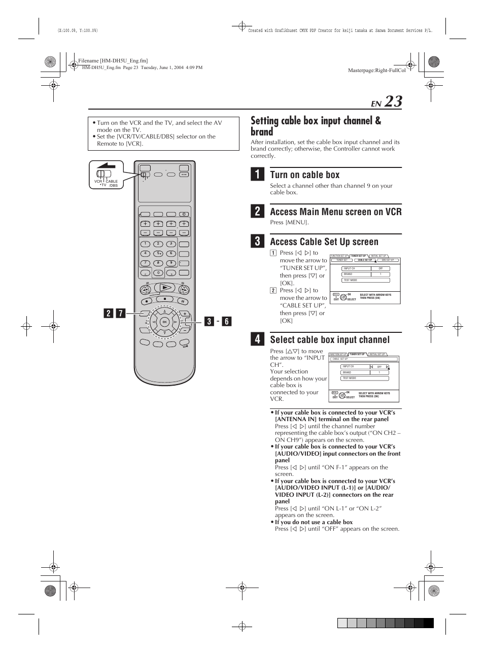 Setting cable box input channel & brand, Turn on cable box, Access main menu screen on vcr | Access cable set up screen, Select cable box input channel, B g c - f | JVC HM-DH5U User Manual | Page 23 / 92