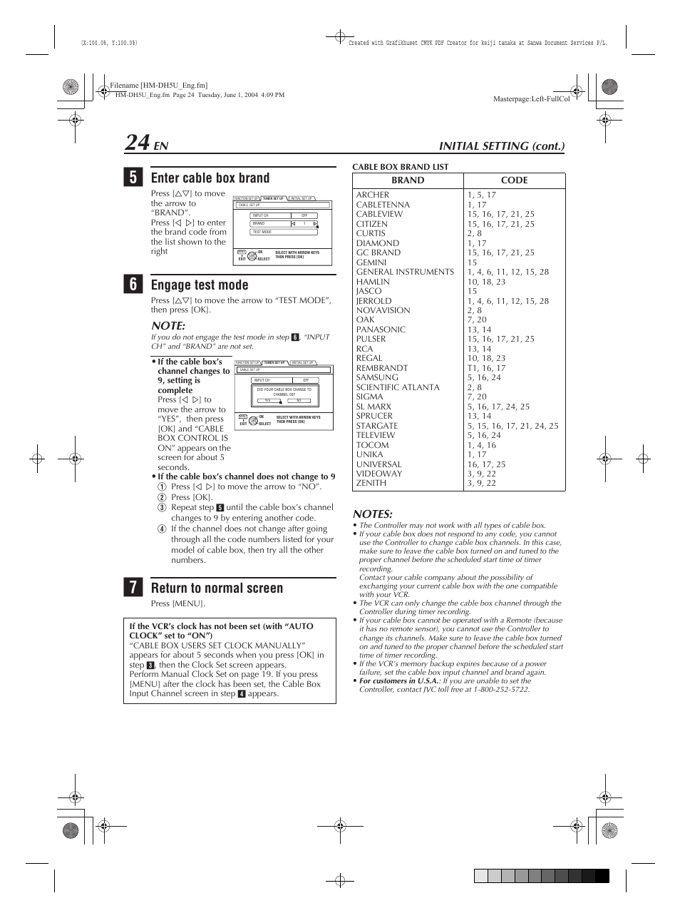 Enter cable box brand, Engage test mode, Return to normal screen | Initial setting (cont.) | JVC HM-DH5U User Manual | Page 24 / 92