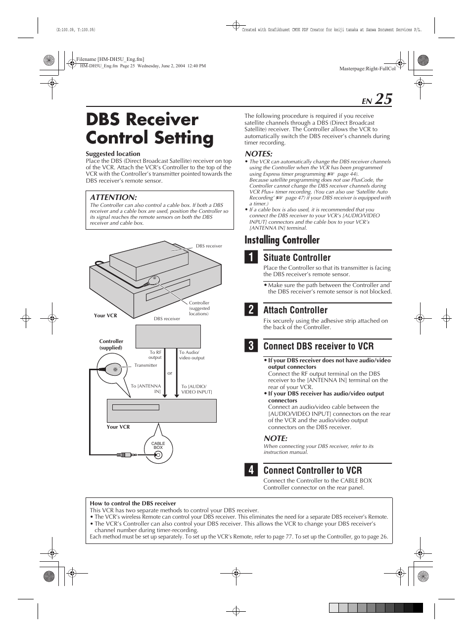 Dbs receiver control setting, Installing controller, Situate controller | Attach controller, Connect dbs receiver to vcr, Connect controller to vcr | JVC HM-DH5U User Manual | Page 25 / 92