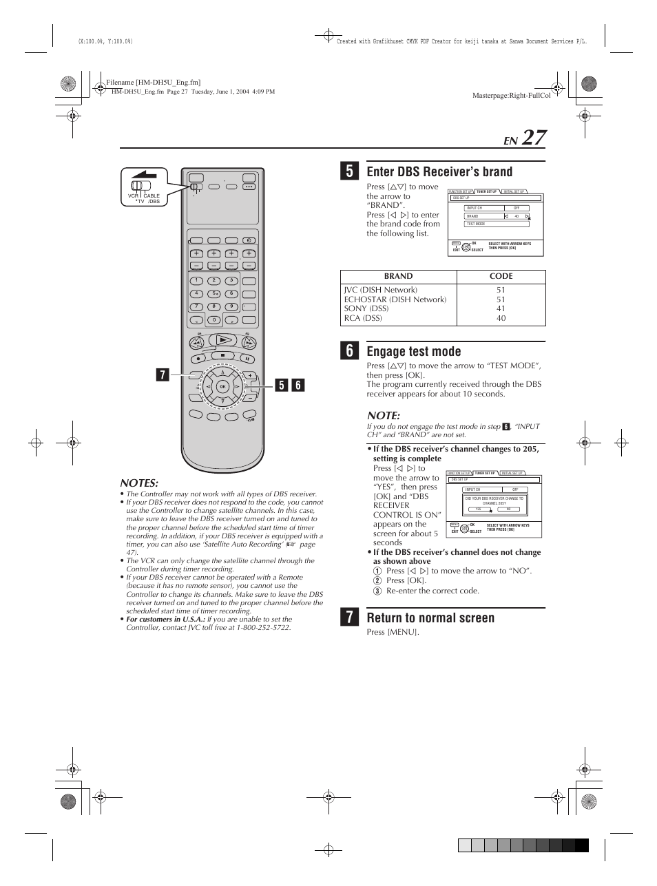 Enter dbs receiver’s brand, Engage test mode, Return to normal screen | Ge f | JVC HM-DH5U User Manual | Page 27 / 92