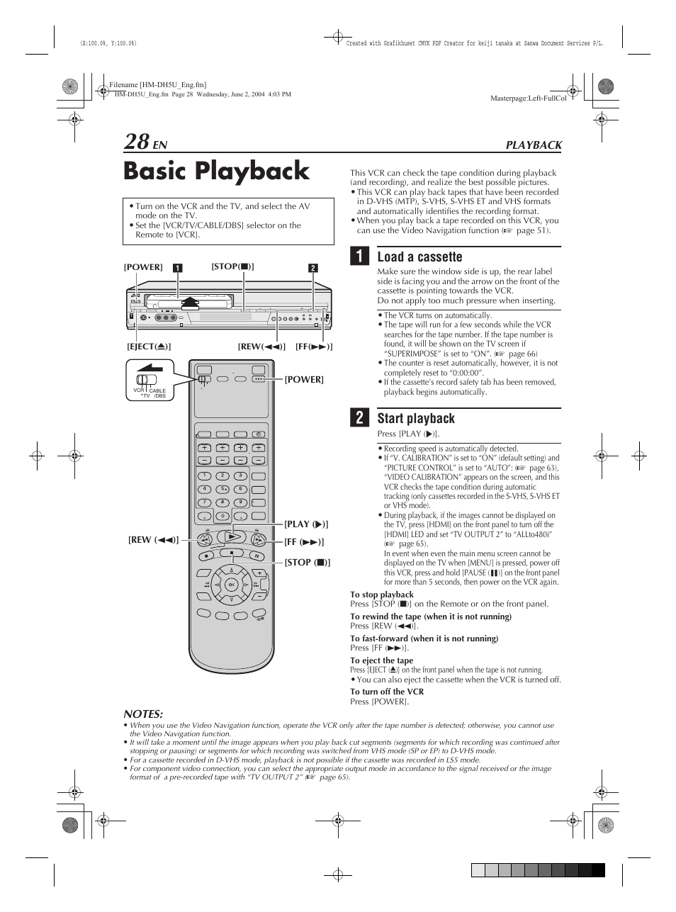 Playback, Basic playback, Load a cassette | Start playback | JVC HM-DH5U User Manual | Page 28 / 92