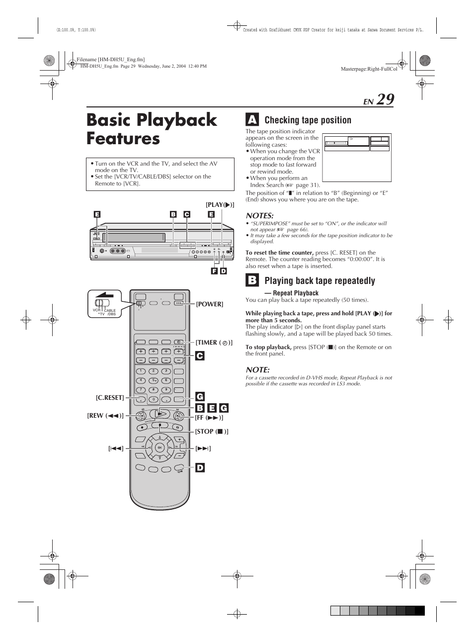 Basic playback features, Checking tape position, Playing back tape repeatedly — repeat playback | Playing back tape repeatedly | JVC HM-DH5U User Manual | Page 29 / 92