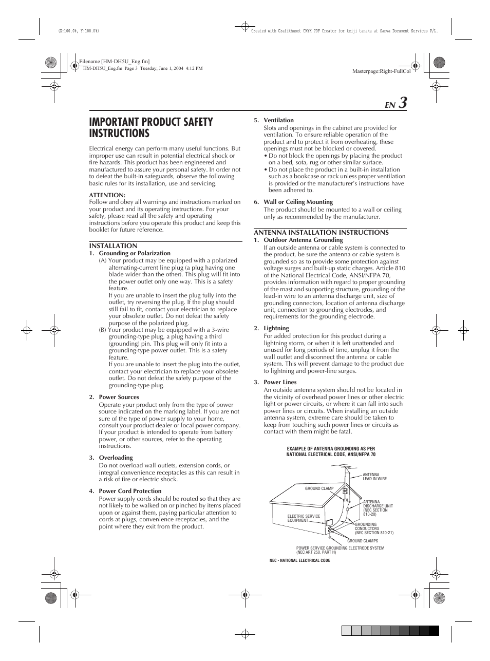 Important product safety instructions | JVC HM-DH5U User Manual | Page 3 / 92