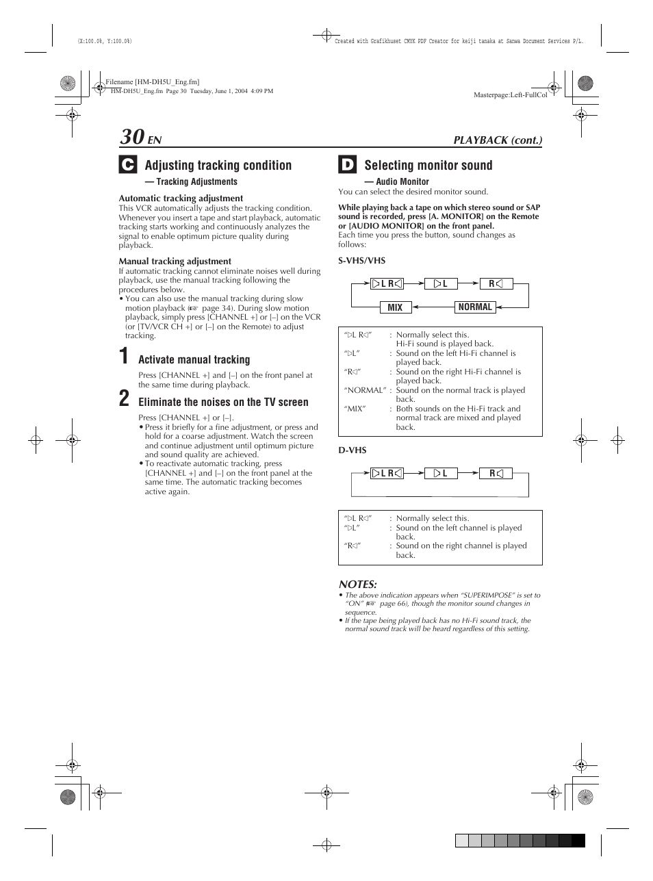 Selecting monitor sound — audio monitor, Adjusting tracking condition, Selecting monitor sound | JVC HM-DH5U User Manual | Page 30 / 92