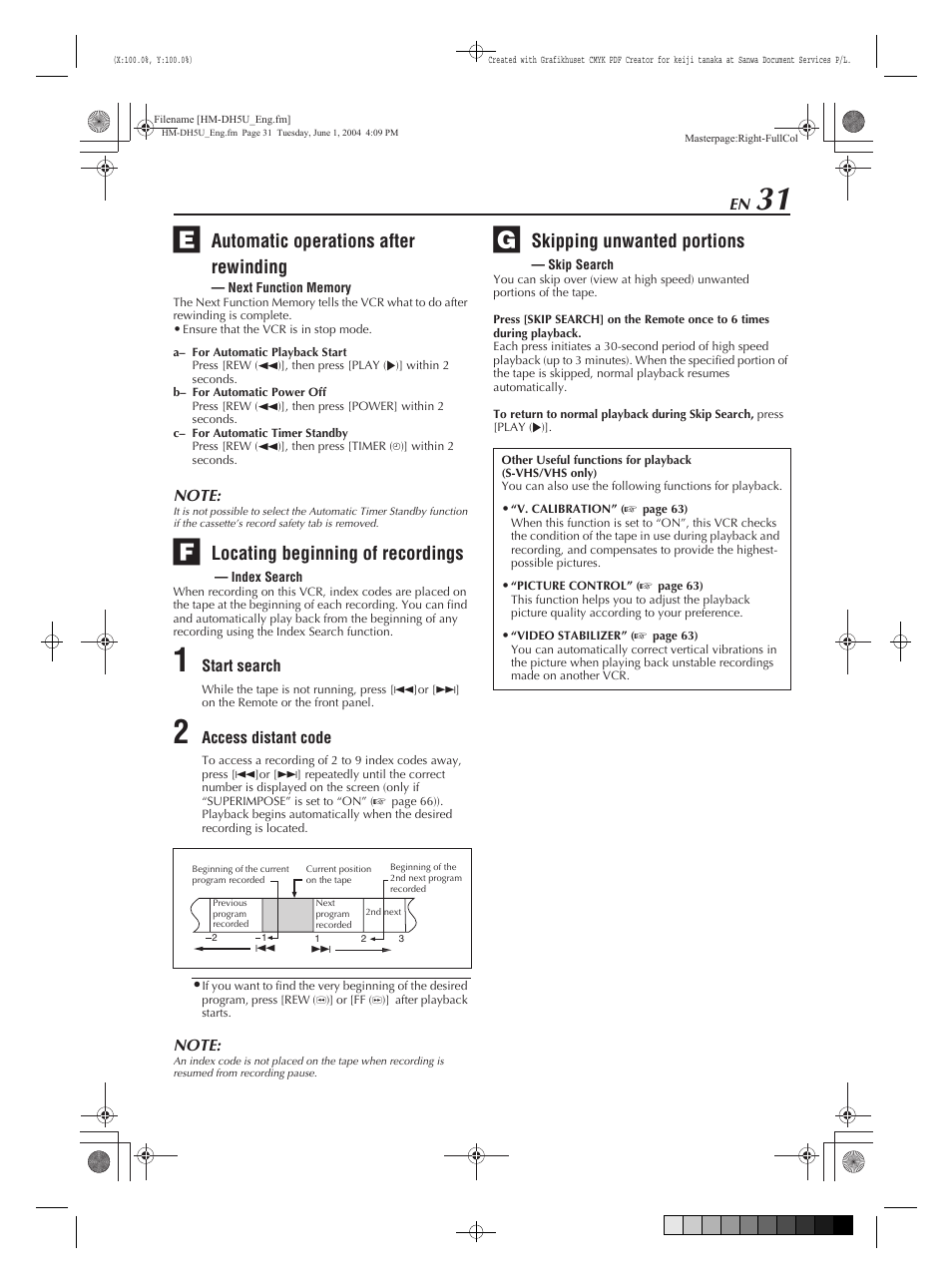 Locating beginning of recordings — index search, Skipping unwanted portions — skip search, Automatic operations after rewinding | Locating beginning of recordings, Skipping unwanted portions | JVC HM-DH5U User Manual | Page 31 / 92