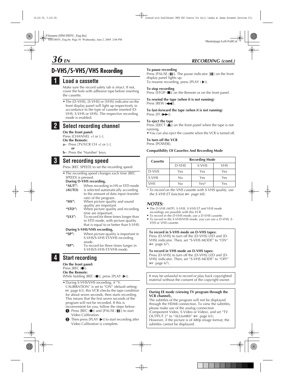 D-vhs/s-vhs/vhs recording, Load a cassette, Select recording channel | Set recording speed, Start recording | JVC HM-DH5U User Manual | Page 36 / 92