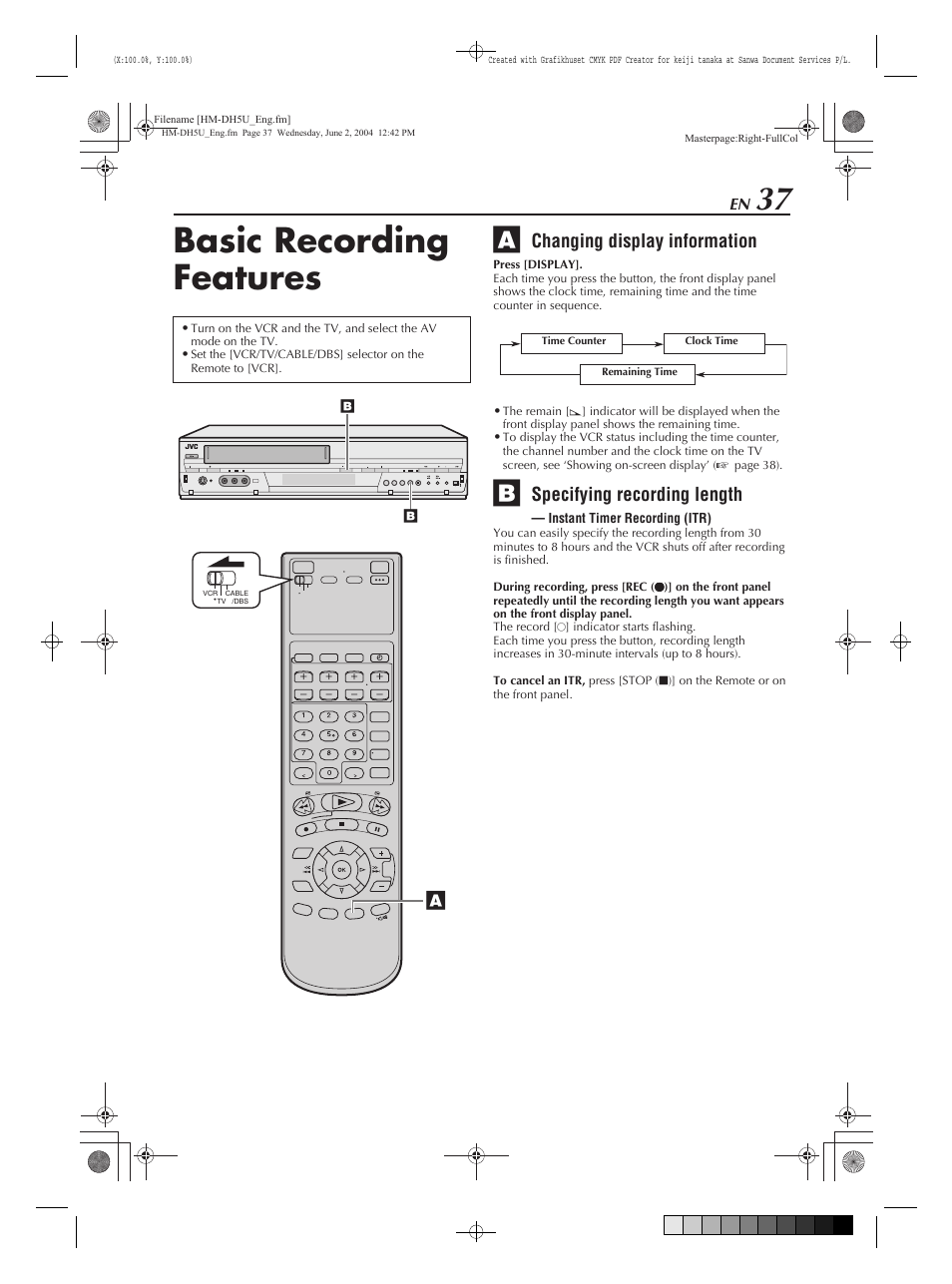 Basic recording features, Changing display information, Specifying recording length | JVC HM-DH5U User Manual | Page 37 / 92