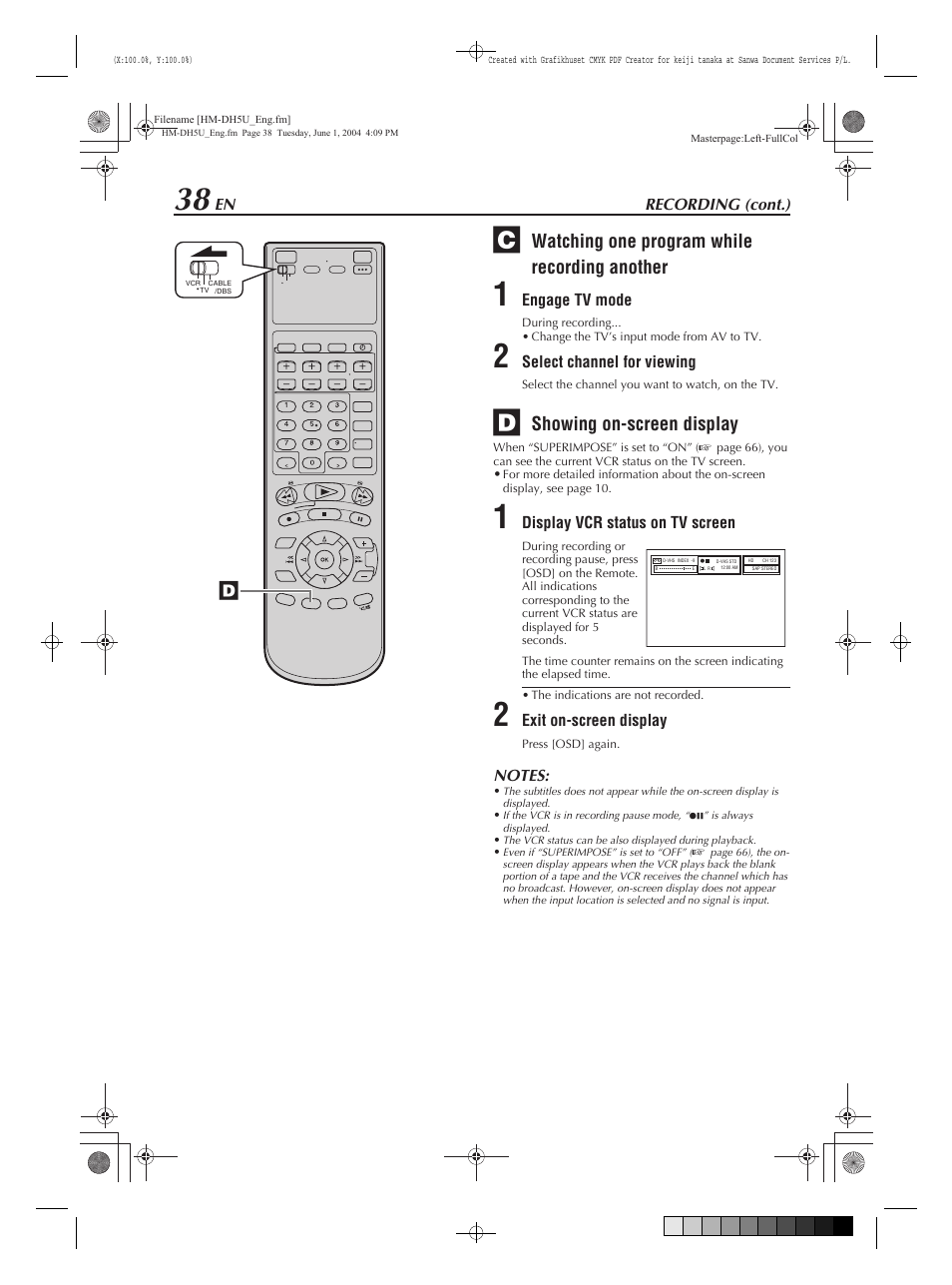 Watching one program while recording another, Showing on-screen display | JVC HM-DH5U User Manual | Page 38 / 92