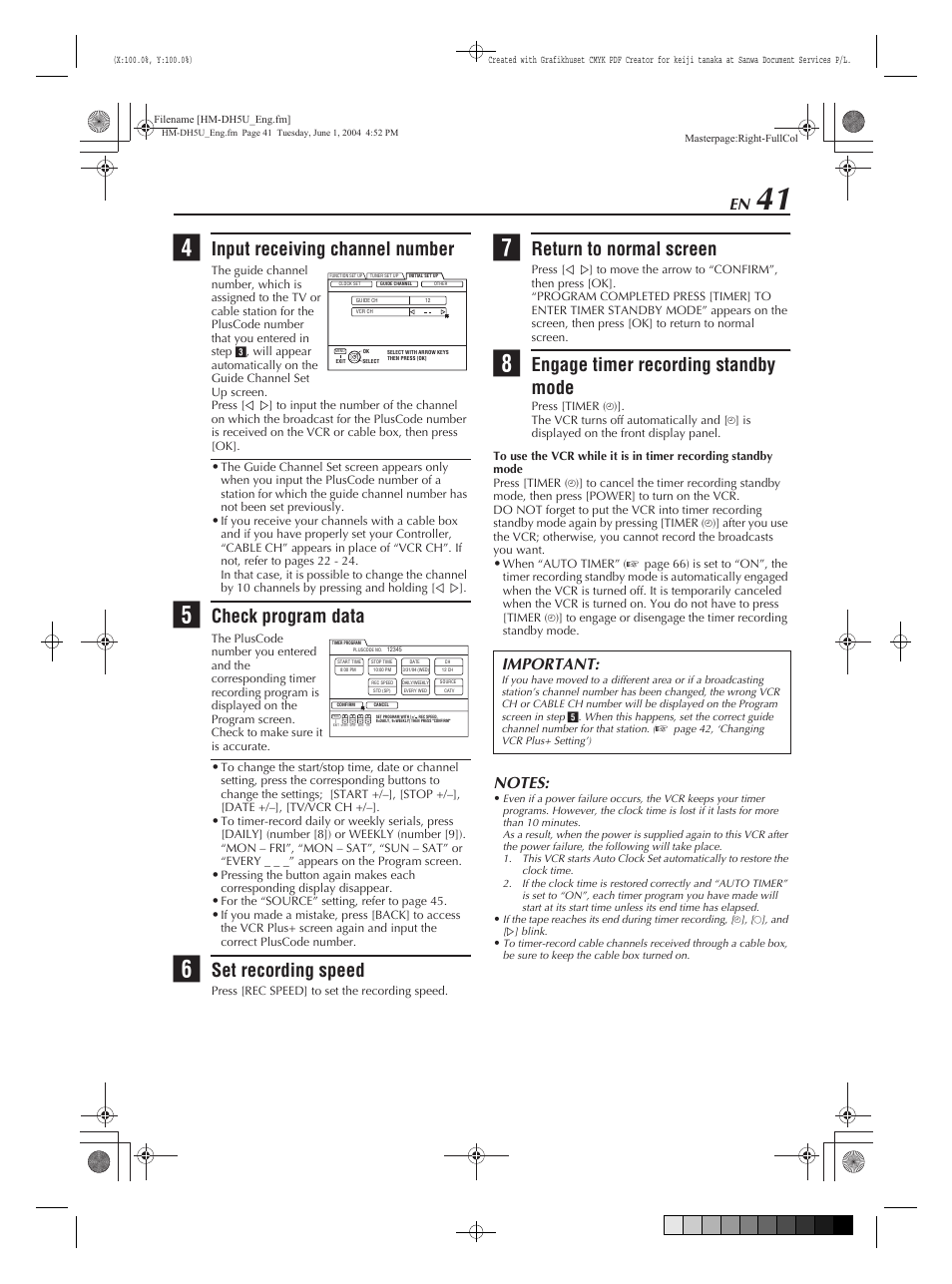 Input receiving channel number, Check program data, Set recording speed | Return to normal screen, Engage timer recording standby mode, Important | JVC HM-DH5U User Manual | Page 41 / 92