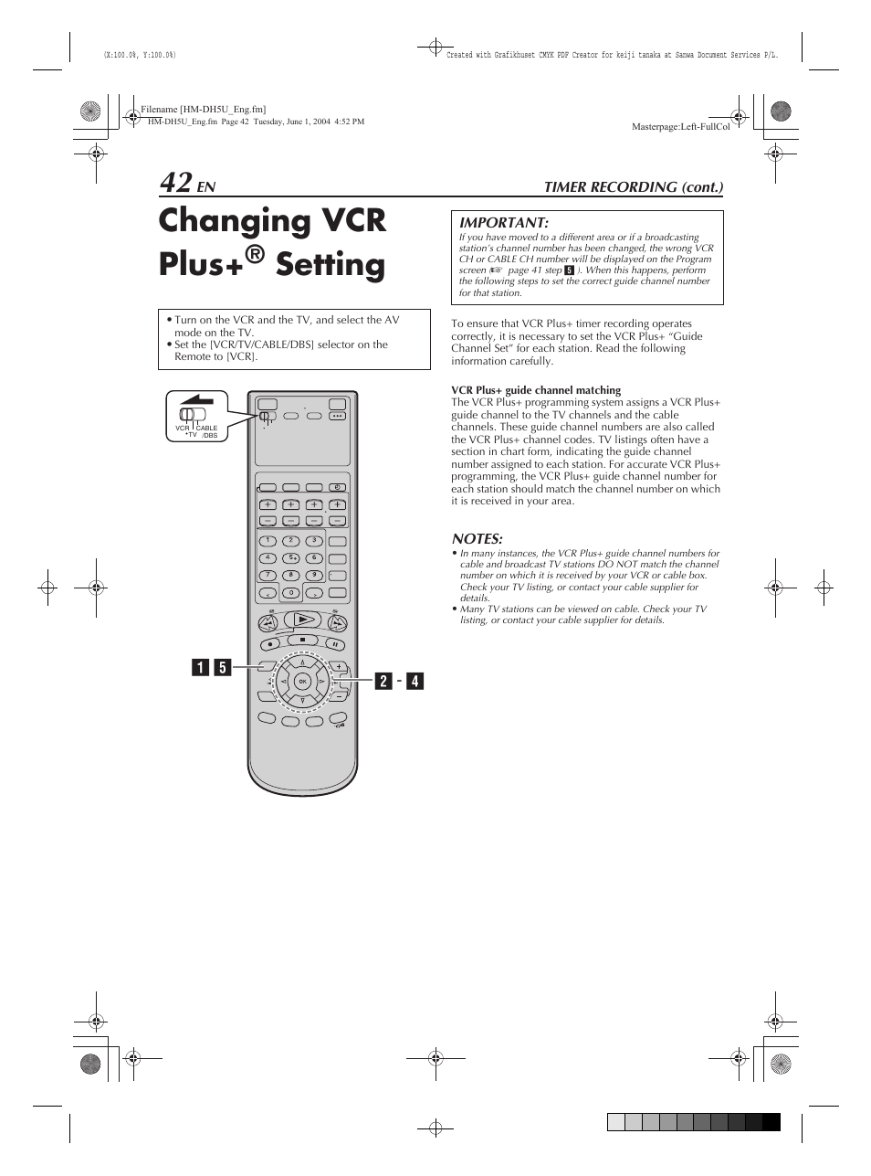Changing vcr plus+® setting, Changing vcr plus, Setting | A e b - d | JVC HM-DH5U User Manual | Page 42 / 92