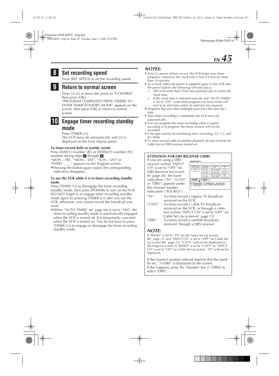 Set recording speed, Return to normal screen, Engage timer recording standby mode | JVC HM-DH5U User Manual | Page 45 / 92