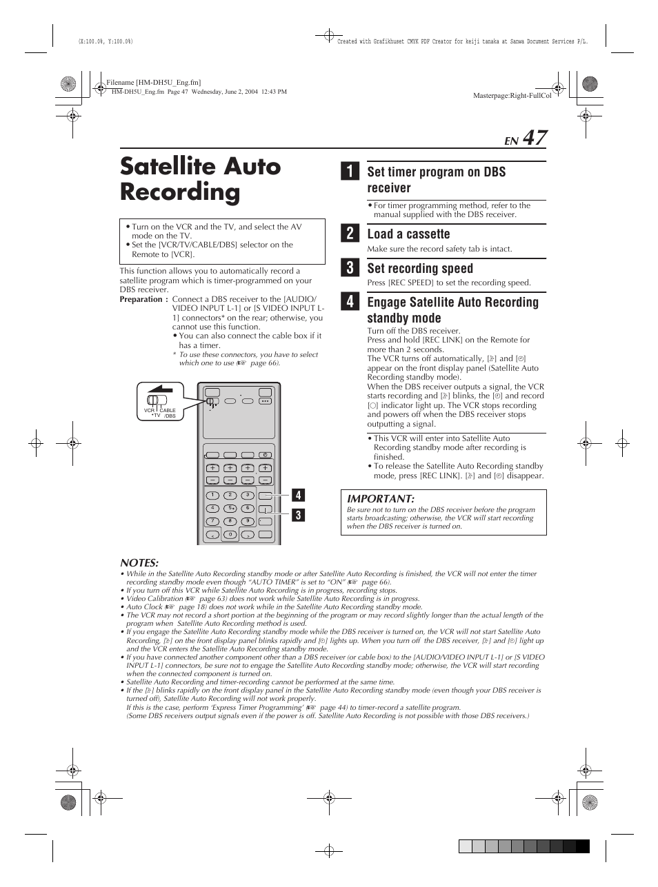 Satellite auto recording, Set timer program on dbs receiver, Load a cassette | Set recording speed, Engage satellite auto recording standby mode | JVC HM-DH5U User Manual | Page 47 / 92