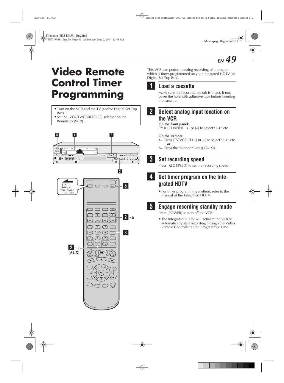 Video remote control timer programming | JVC HM-DH5U User Manual | Page 49 / 92