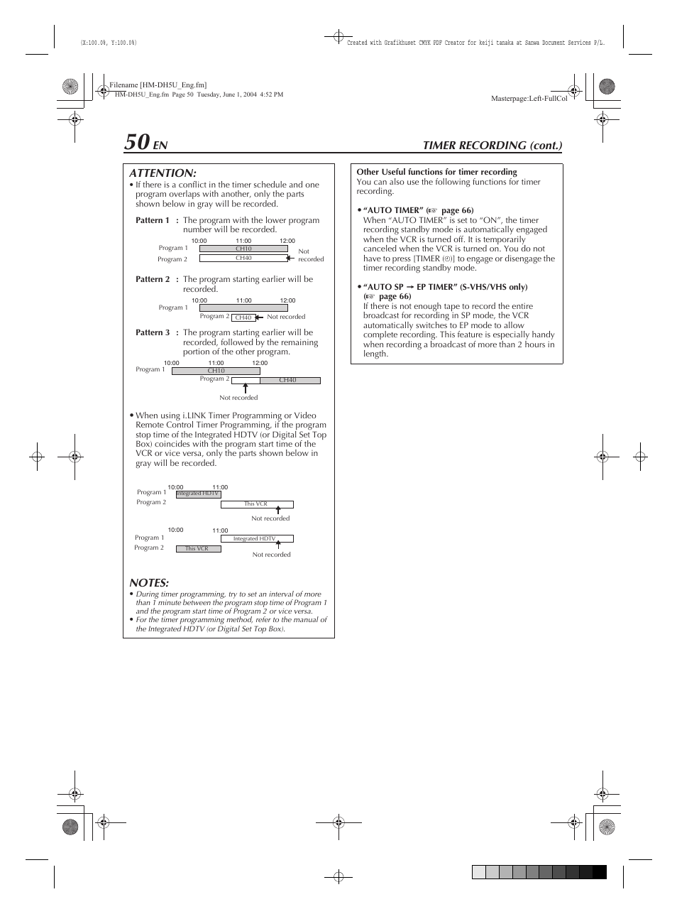 Timer recording (cont.), Attention | JVC HM-DH5U User Manual | Page 50 / 92