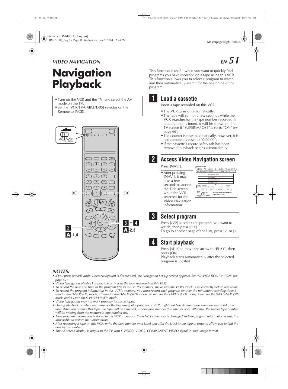 Video navigation, Navigation playback, Load a cassette | Access video navigation screen, Select program, Start playback, C - d a | JVC HM-DH5U User Manual | Page 51 / 92