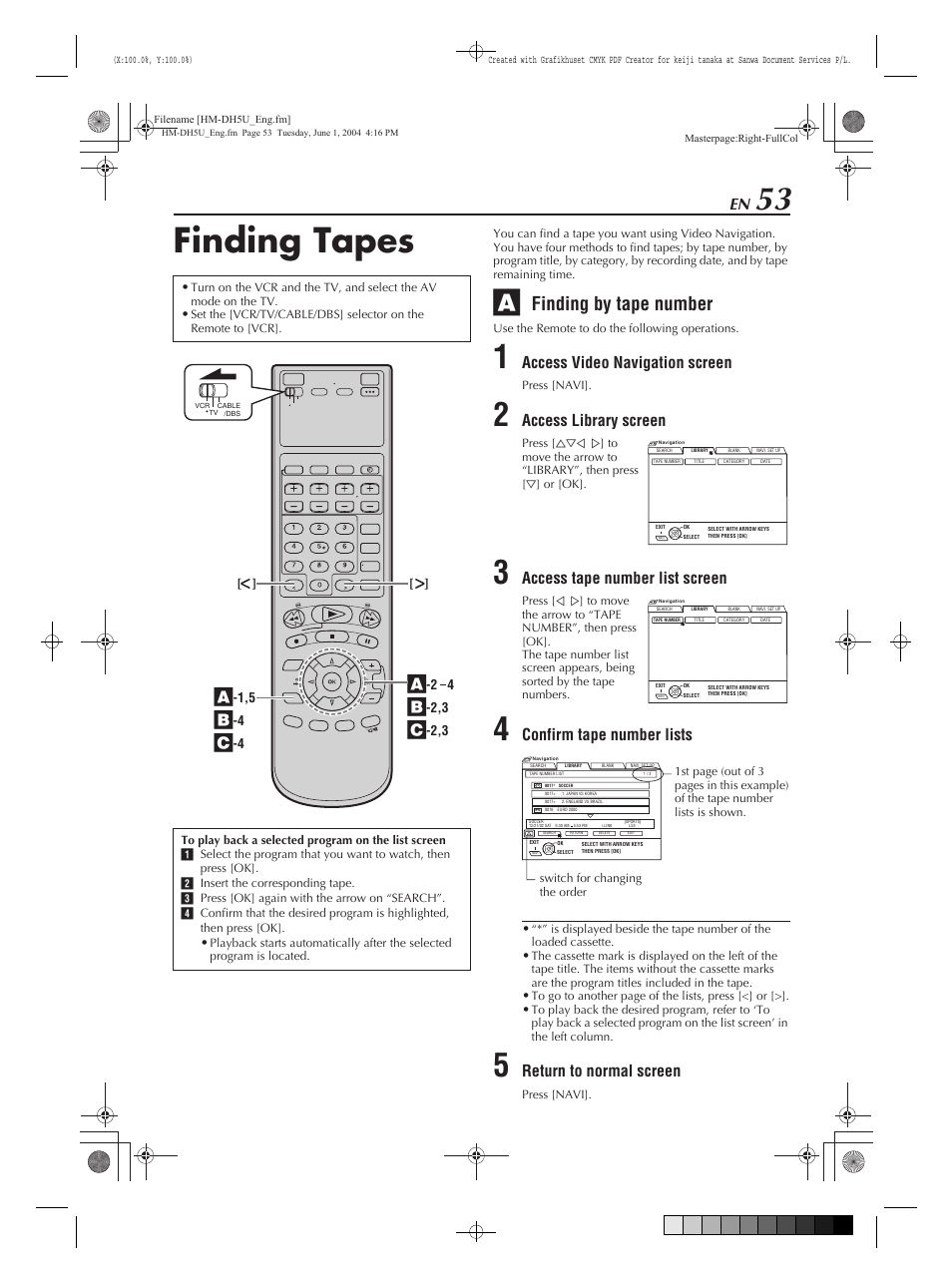 Finding tapes, Finding by tape number, Access video navigation screen | Access library screen, Access tape number list screen, Confirm tape number lists, Return to normal screen | JVC HM-DH5U User Manual | Page 53 / 92