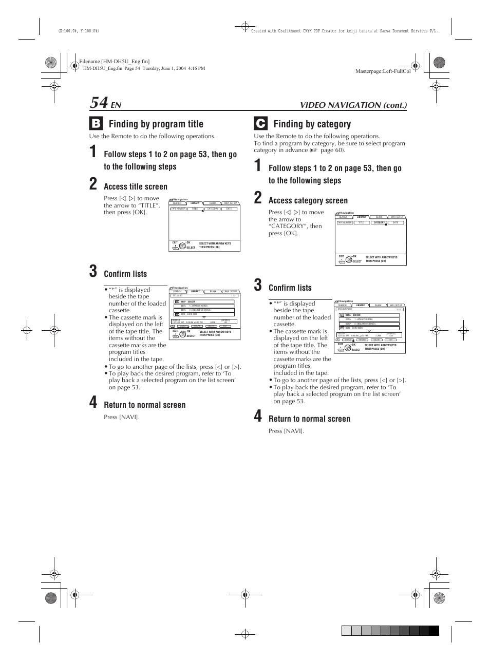 Finding by program title, Finding by category, Video navigation (cont.) | Access title screen, Confirm lists, Return to normal screen, Access category screen | JVC HM-DH5U User Manual | Page 54 / 92
