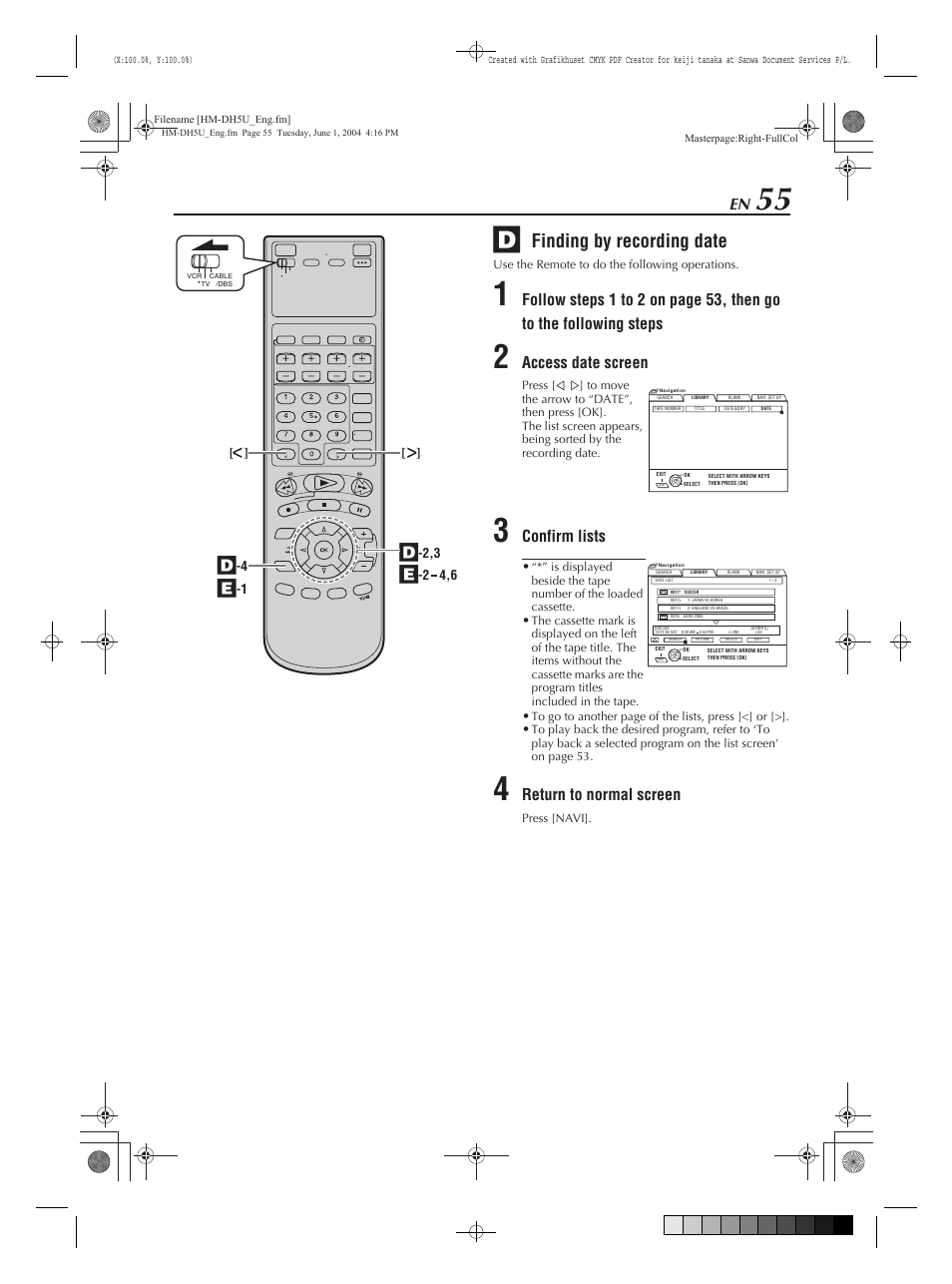 Finding by recording date, Access date screen, Confirm lists | Return to normal screen | JVC HM-DH5U User Manual | Page 55 / 92