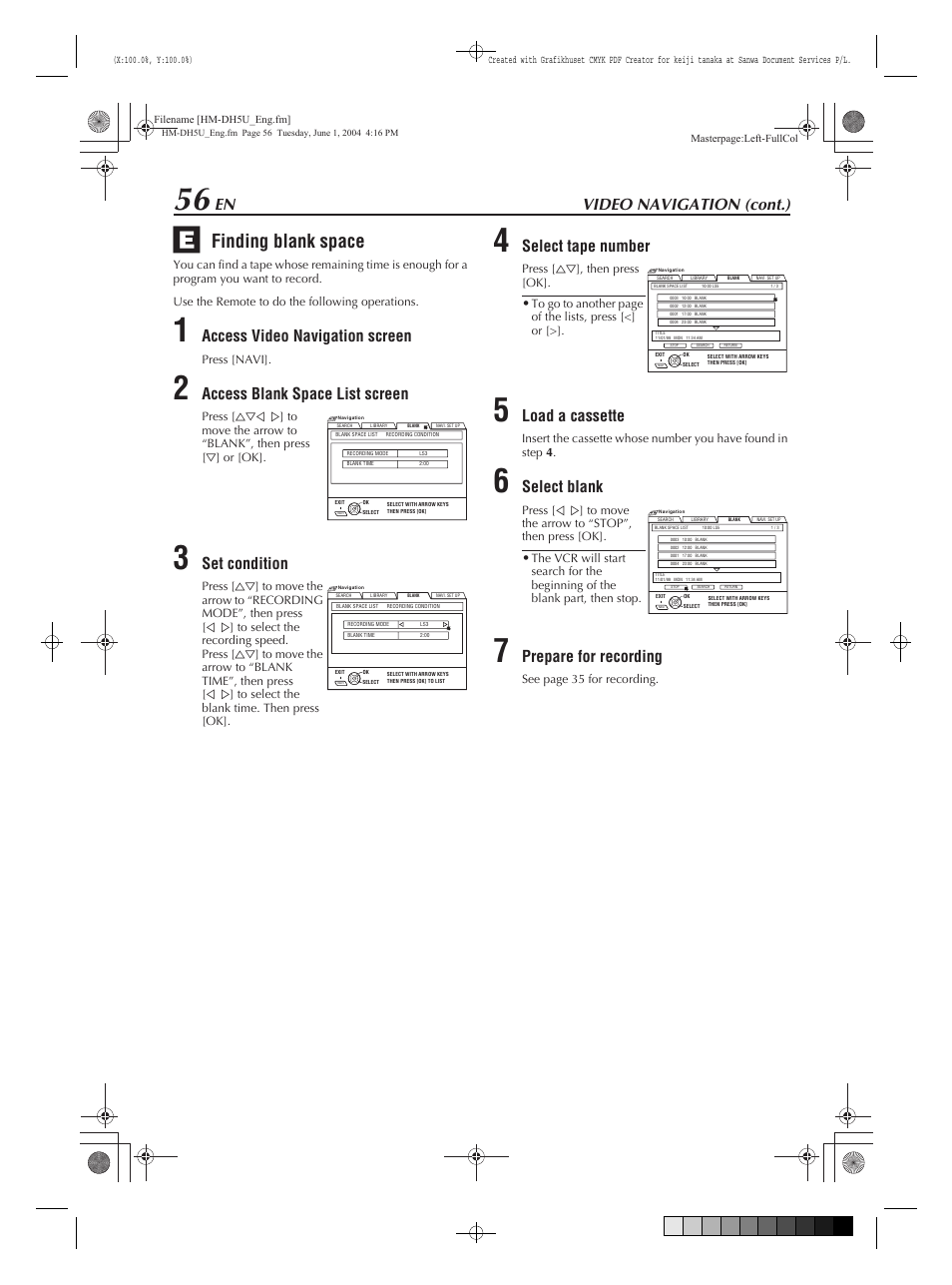 Finding blank space, Video navigation (cont.), Access video navigation screen | Access blank space list screen, Set condition, Select tape number, Load a cassette, Select blank, Prepare for recording | JVC HM-DH5U User Manual | Page 56 / 92