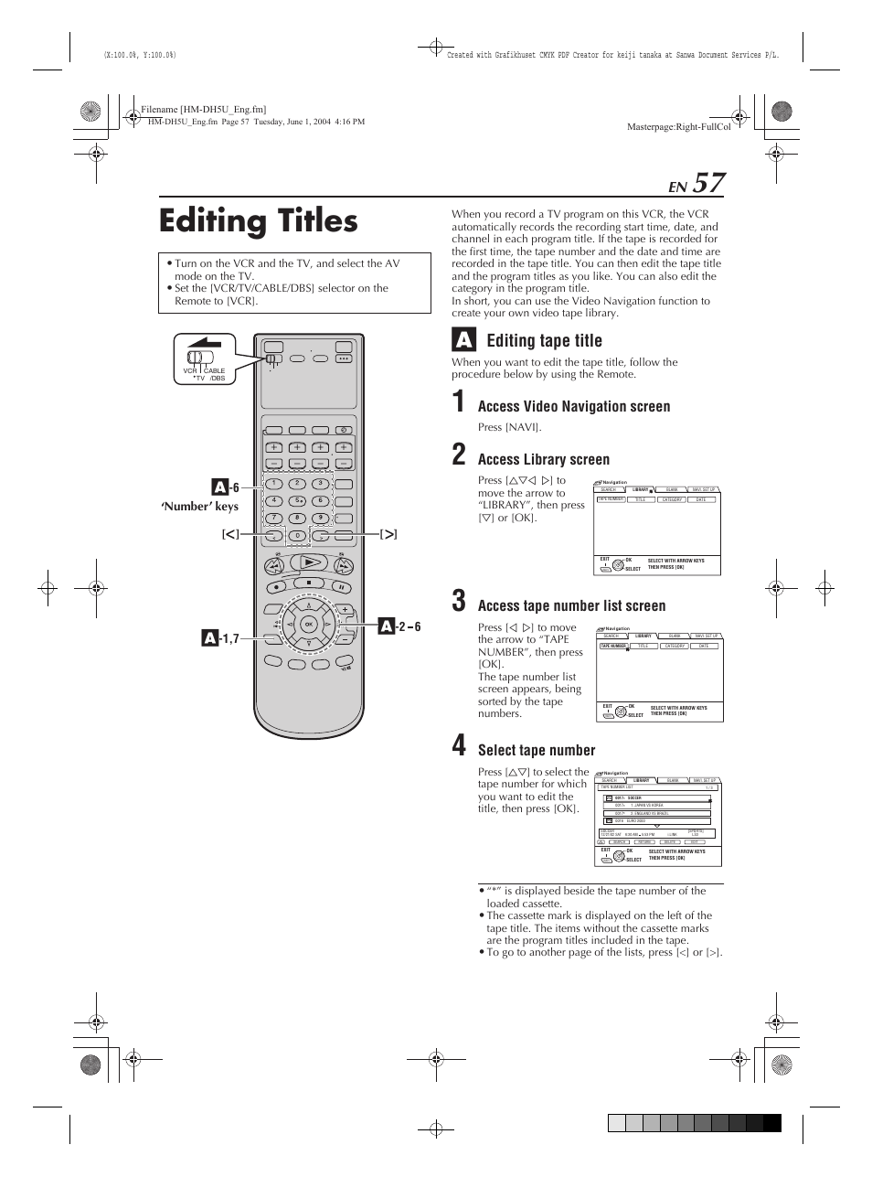 Editing titles, Editing tape title, Access video navigation screen | Access library screen, Access tape number list screen, Select tape number | JVC HM-DH5U User Manual | Page 57 / 92