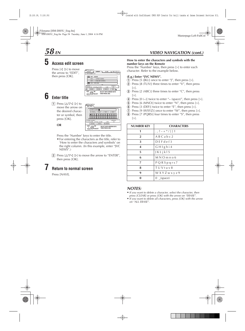 Video navigation (cont.), Access edit screen, Enter title | Return to normal screen | JVC HM-DH5U User Manual | Page 58 / 92