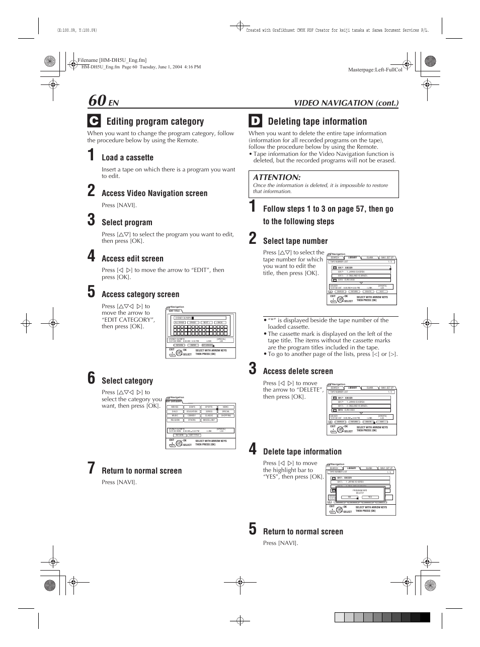 Editing program category, Deleting tape information, Video navigation (cont.) | Load a cassette, Access video navigation screen, Select program, Access edit screen, Access category screen, Select category, Return to normal screen | JVC HM-DH5U User Manual | Page 60 / 92