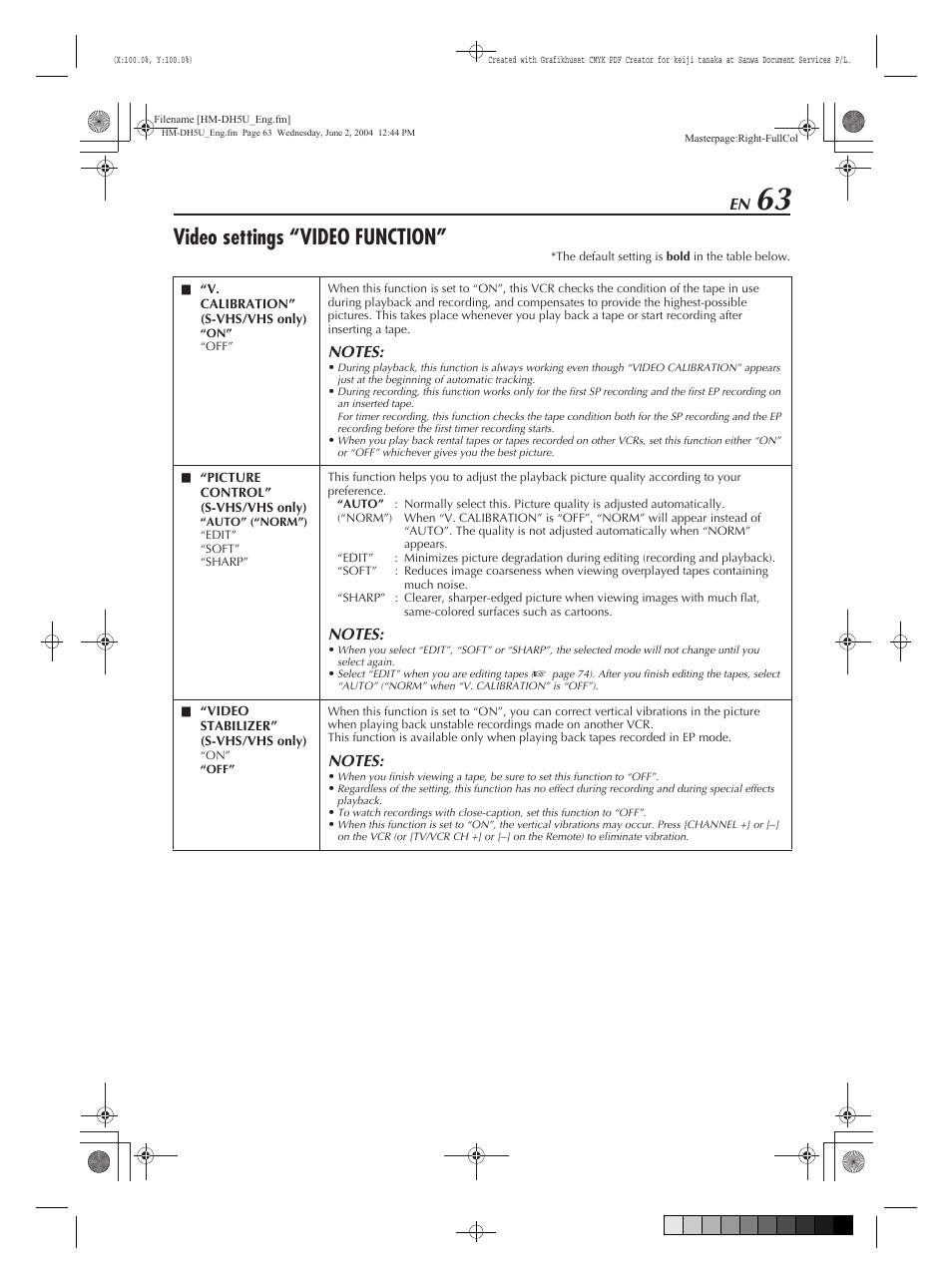 Video settings “ video function | JVC HM-DH5U User Manual | Page 63 / 92